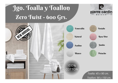 Juego Toalla Y Toallon Pierre Cardin 600 Gr 100% Algodon Tostado Lisa