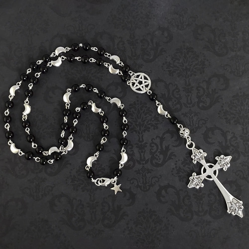 Collar Tipo Rosario Con Pentagrama Y Cruz Gótico Vampírico Negro