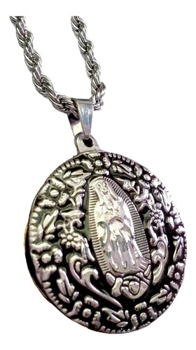 Virgen De Guadalupe Medallon +cadena +caja Acero Quirurgico