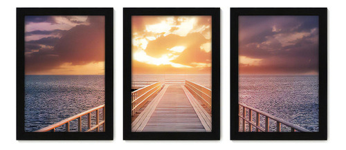 Kit Com 3 Quadros - Píer Mar Pôr-do-sol - 002kq02p Cor Da Armação Preto