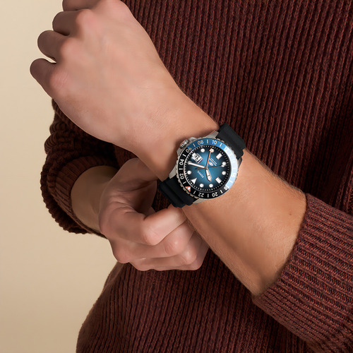 Relógio masculino Fossil Fs6049 azul, pulseira preta, moldura prateada, fundo azul