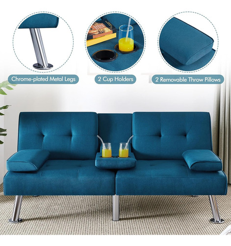 Sofá Cama Convertible De Tela Ajustable, Azul Yaheetech