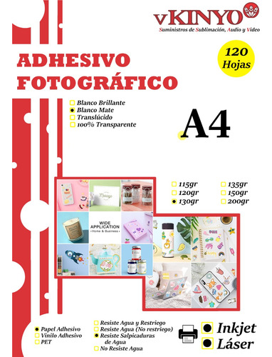 Papel Adhesivo Fotográfico Blanco Mate Inkjet A4 X120 Hojas