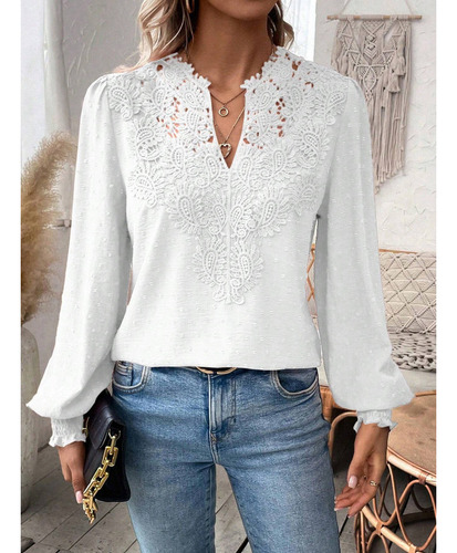 Camiseta Manga Larga Encaje Con Cuello En V Moda Para Mujer