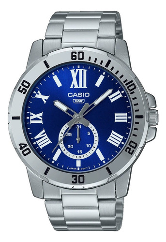 Reloj Casio Hombre Mtp-vd200d Análogo Extendida Malla Plateado Bisel Plateado Fondo Azul