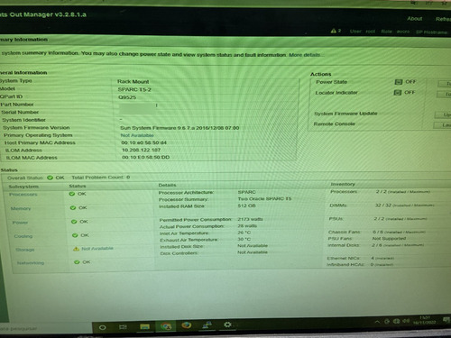 Servidor Sun Oracle T5-2 2x Sparc 16core 512gb Ram 2x 600gb (Usado)