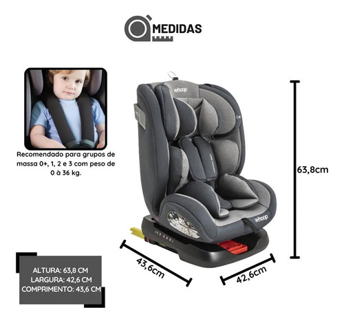 Cadeira Para Carro Kiddo Whoop 360 Isofix Top Tether Cinza