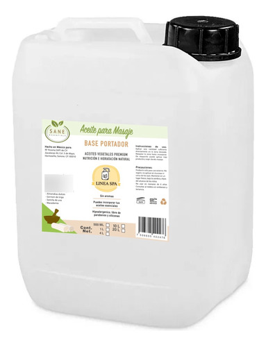 Aceite Vegetal Para Masaje Base Portador 20 Litros Sane