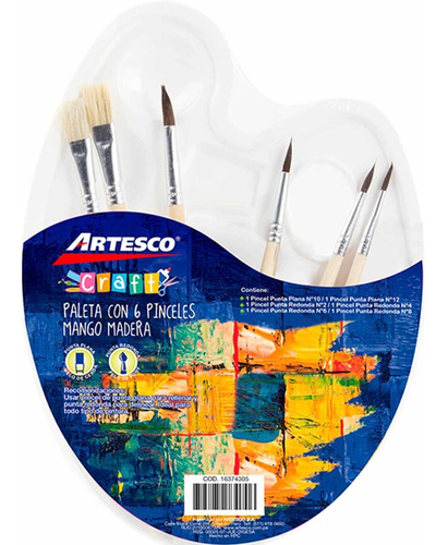 Set Paleta Pintor Con Pinceles Pack X6 Mango Madera Artesco