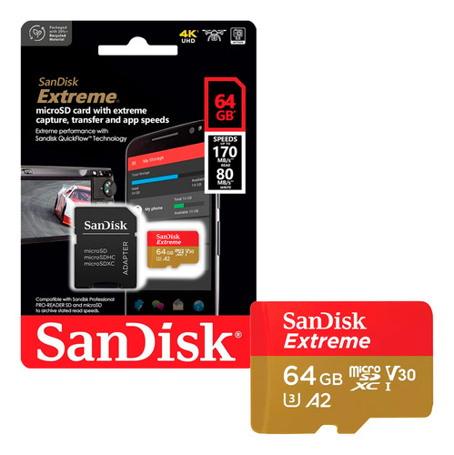 Tarjeta de Memoria MicroSDXC 64GB SanDisk Extreme UHS-I A2 V30 U3 4K 170MB/s + Adaptador