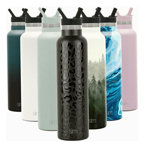 Simple Modern Water Bottle With Narrow Mouth Straw Lid Metal Color Pattern: Black Leopard