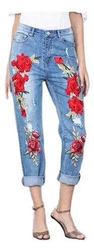 Jeans Bordado Floral Pantalones Vaqueros Rasgados Elásticos