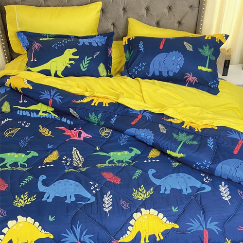 Imagen 4 de 4 de Plumón Doble Estampado Dinosaurios + Fundas
