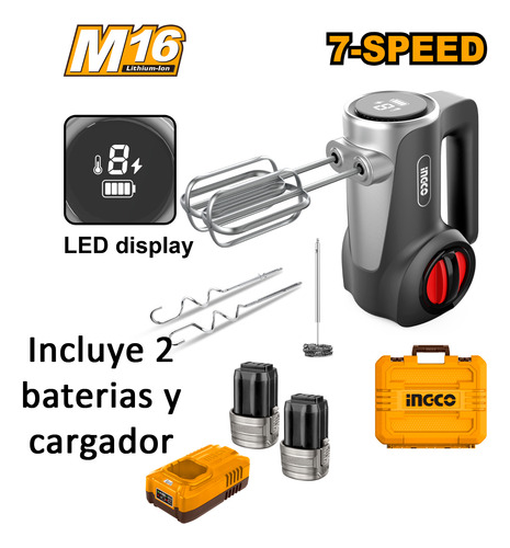 Batidora Manual A Batería Ingco 16v + 2 Baterías + Cargador