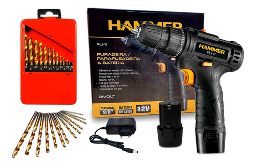 Furadeira Parafusadeira 12v Pli-10 Hammer + Acessórios