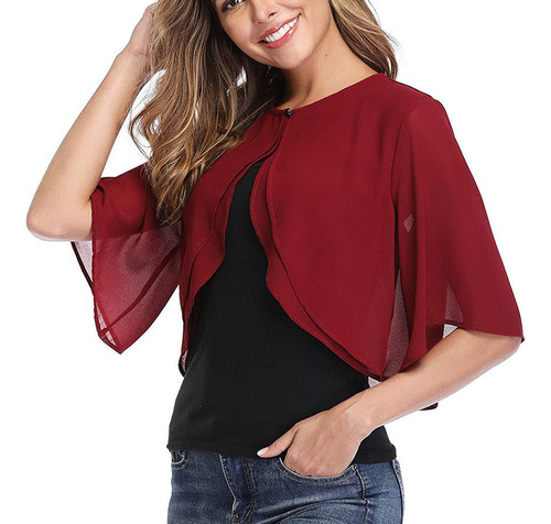 Elegante Chaqueta Bolero Midi Mujer De Encaje Y Gasa