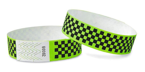 Pulseras De Tyvek - A Cuadros, Verdes Fluorescentes -500/paq