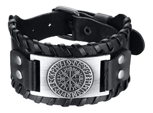 Pulsera Cuero Negro Estilo Vikingo Hombre Mujer Rock Negra