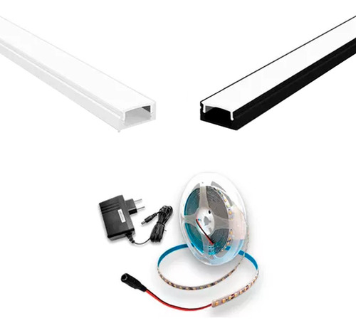 Kit Perfil Alumínio Sobrepor Slim 2m Com Fita Led E Fonte Cor da luz Branco Branco-quente Tensão de operação 12V 110V/220V