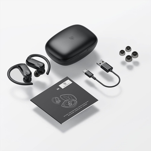 Imagen 4 de 10 de Auriculares Inalámbricos Deportivos S5 Soundpeats Negro - Bluetooth 5.0, Aletas de sujeción, Control táctil, 20 horas de carga en estuche, Impermeabilidad IPX7