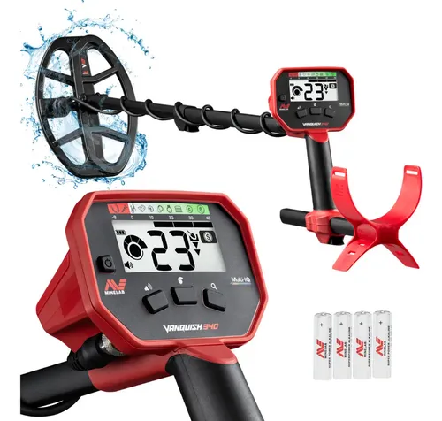 Detector De Metais E Minérios Minelab Vanquish 340 Multi-iq, Bobina 10 à prova d'água, 3 modos de pesquisa, 5 segmentos de discriminação, domina a praia e areia molhada, detector simples e poderoso