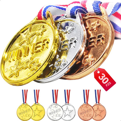30pzs Medallas Plástico De Oro/plata/bronce Para Niños