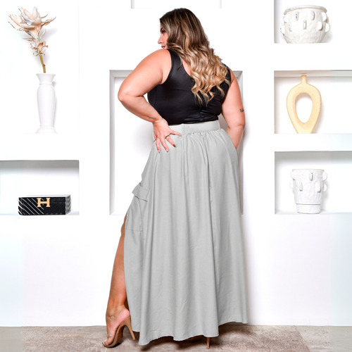 Saia Evasê Longa Com Bolso Fenda Zíper E Cinto Plus Size