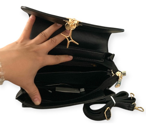 Bolsa Dama Tipo Croosbody Importada Negro/beige Lisa Níquel Negro