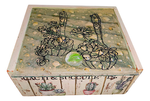 Caja De Te Artesanal 4 Divisiones. Cactus Verde