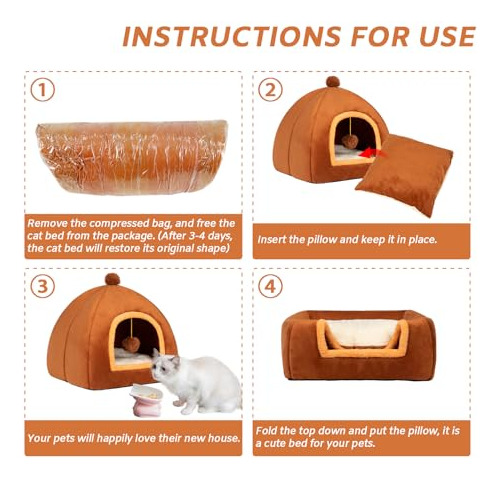 Cama Tipo Cueva Para Gatos 2 En 1 Con Almohada Lavable