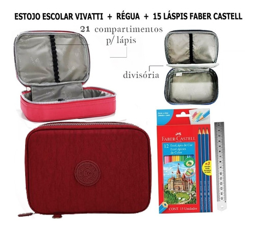 Kit Estojo Escolar + Régua + 15 Lápis Faber Castell