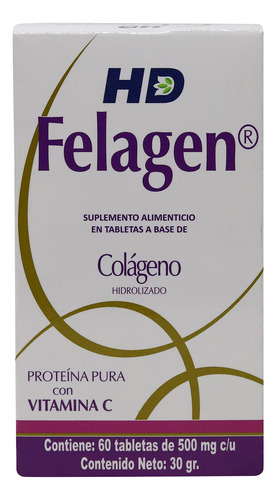 Hd Felagen, Colágeno Hidrolizado Con Vitamina C, 60 Tabletas Sabor Sin Sabor