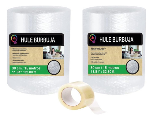 Kit 2 Rollos Plastico Burbuja 30x 15 Mtrs Y 1 Cinta Adhesiva