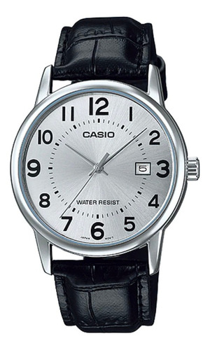Reloj pulsera Casio MTP-V002 con correa de cuero color negro - fondo plateado
