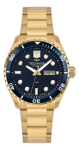 Relógio Technos Automático Masculino Dourado 8205OZ/1A Fundo Azul e Preto Diver 150m Pulseira Aço Fundo Transparente Vidro Rosqueado Miyota 21 Jewels Relógio de Mergulho