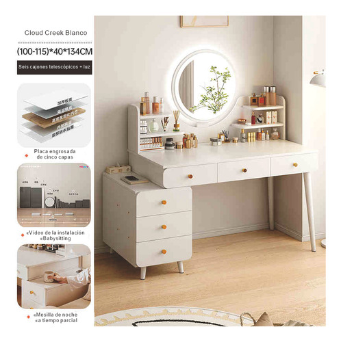 Tocador Con Espejo Led Minimalista Vanity Moderno 6 Cajons