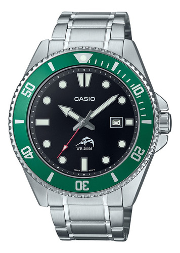 Reloj Casio Análogo Acero Inox Mdv-106dd-1a3vcf Correa Plateado Bisel Verde Oscuro Fondo Negro