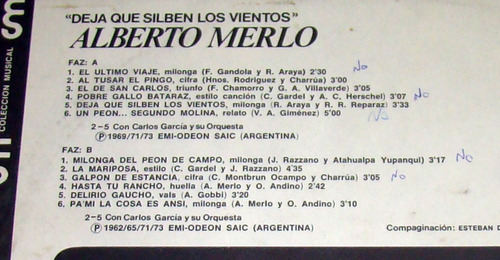 Alberto Merlo Deja Que Silben Los Vientos Lp Argentino Kktus (Usado)