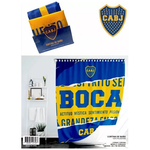 Cortina De Baño Boca Juniors Teflon + Ganchos Color Azul Y Amarillo