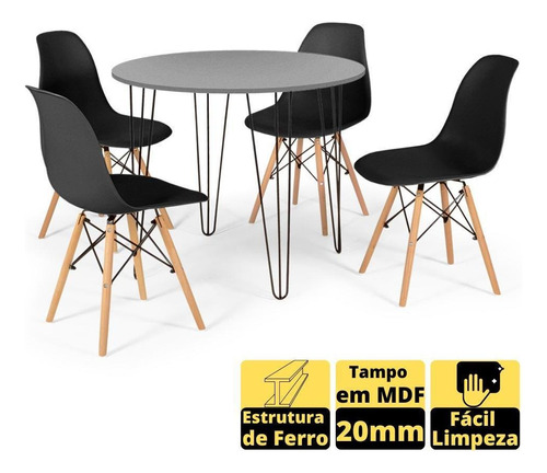 Mesa De Jantar Hairpin 90cm Volpi + 4 Cadeiras Eames Eiffel Cor Preto