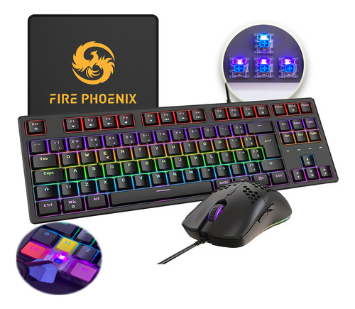 Kit Teclado E Mouse Gamer Mecânico Abnt2 Led Rgb Usb Switch Blue Mousepad Pc Luuk Young Bk05 Preto