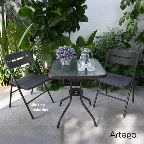 Mesa Cuadrangular De Vidrio Estructura De Acero Café Oscuro Mesa Compacta Para Terraza Jardín Balcón De 60cm