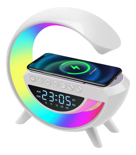 Lampara Mesa Cargador Inalámbrica Parlante Reloj + Bluetooth