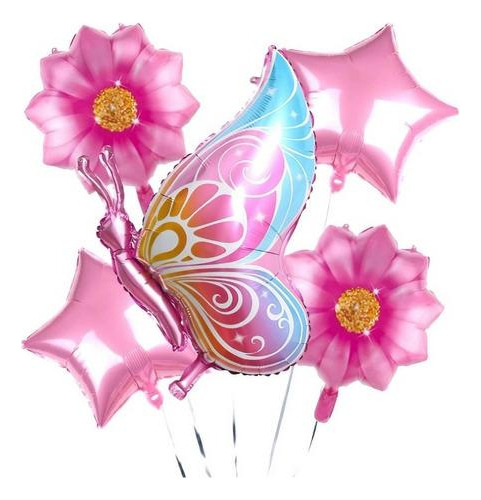 Kit Balão Metalizado Borboleta Flor Estrela Festa Decoração Cor Rosa