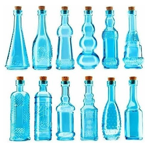 Pequeñas Botellas De Vidrio Azul Vintage Con Corchos, Mini 
