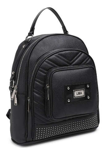 Imagen 2 de 5 de Mochila Cuero Sintetico Mujer Tachas Negra Bolsillos Lima