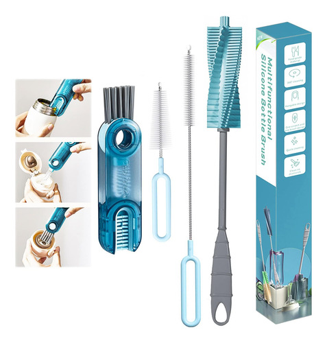 Juego De Cepillos 3 En 1 Cleanpro Para Limpiar Botellas Azul Azul