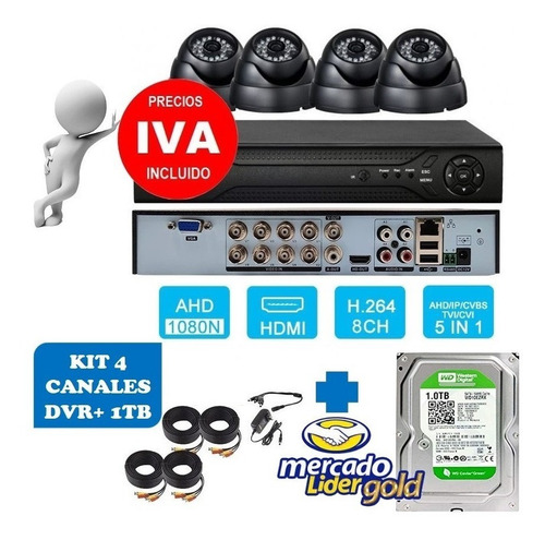 Imagen 1 de 6 de Kit Cctv 4 Cámaras Vigilancia Seguridad + Disco Duro 1000gb
