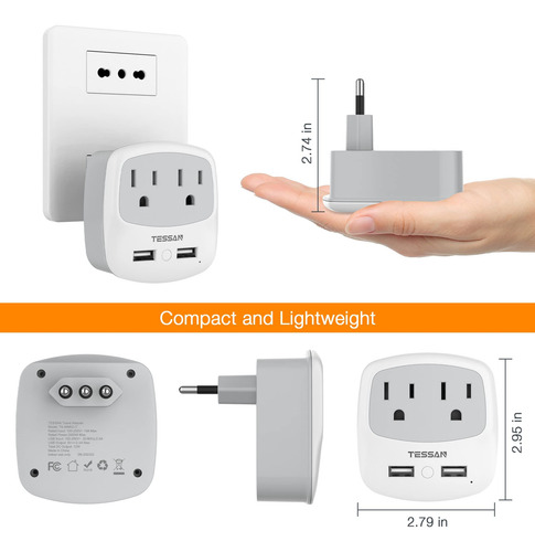 Adaptador De Enchufe De Viaje Tessan Italy Tipo L Con 2 Carg