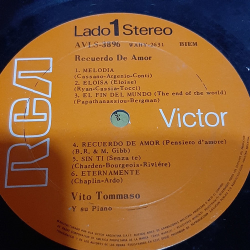 Sin Tapa Disco Vito Tommaso Y Su Piano Recuerdo De Amor Cl0